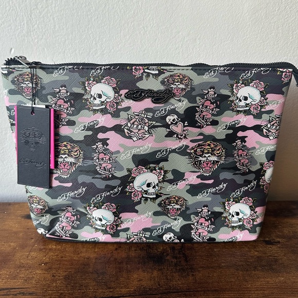 Ed Hardy Handbags - Ed Hardy Pink and Gray Camouflage Toiletry Cosmetic Bag with Tigers & Skulls NWT
